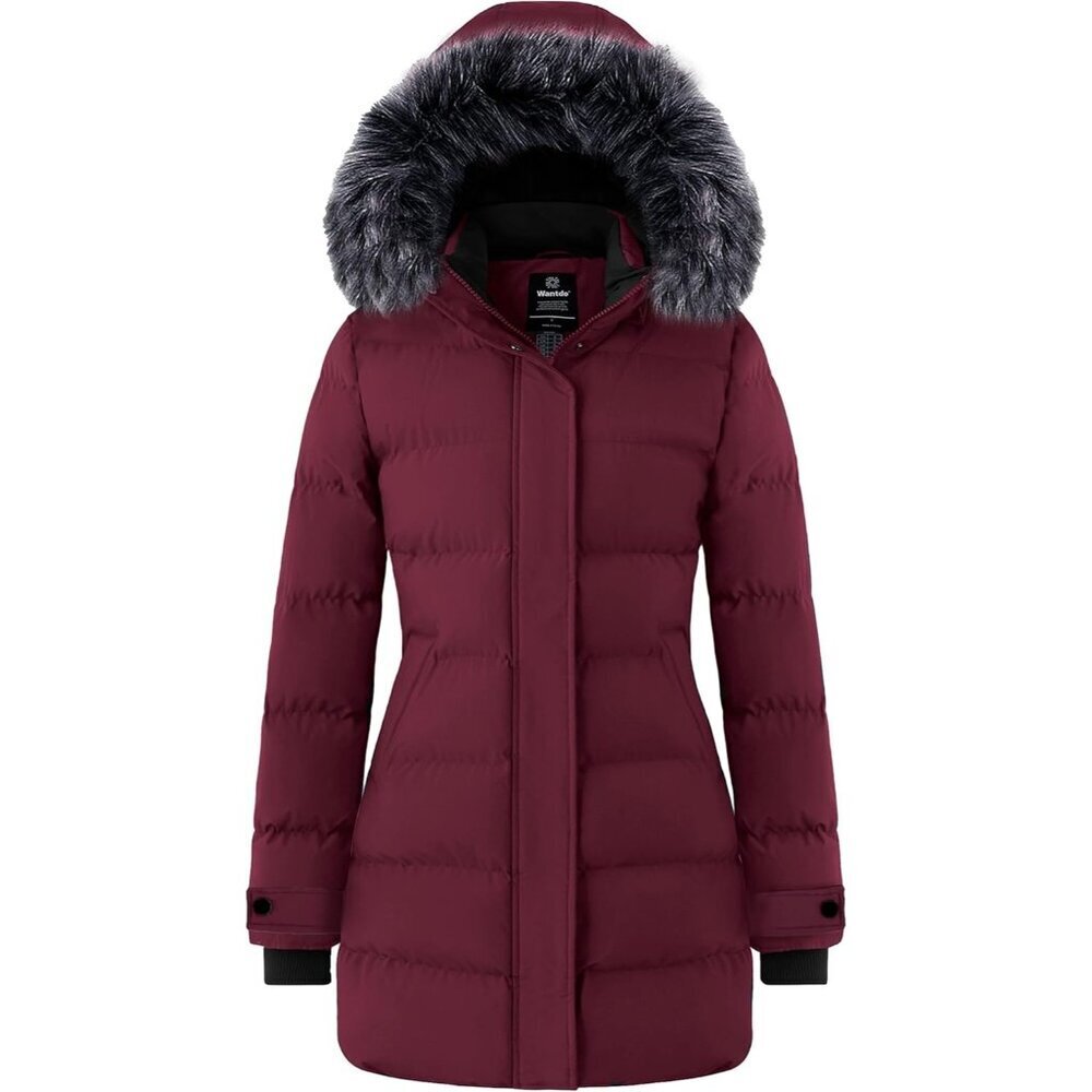 Women's Wine Red Long Quilted Winter Coat Puffer Jacket With Hood